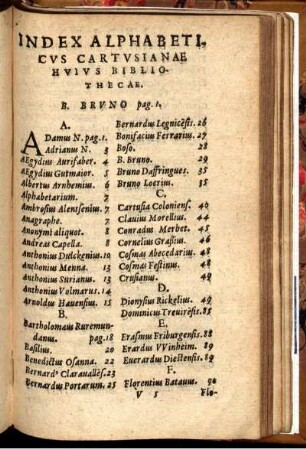 Index Alphabeticus Cartusianae Huius Bibliothecae.