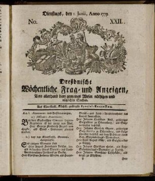Dienstags, den 1. Junii, Anno 1779. No. XXII. - Dienstags, den 13. Julii, Anno 1779. No. XXVIII.