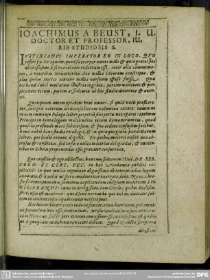 Joachimus A Beust, I. U. Doctor Et Professor, Juris Studiosis S.