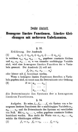 Zweiter Abschnitt. Homogene lineäre Functionen. Lineäre Gleichungen mit mehreren Unbekannten.