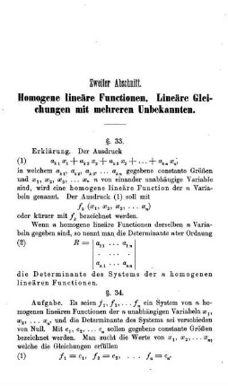 Zweiter Abschnitt. Homogene lineäre Functionen. Lineäre Gleichungen mit mehreren Unbekannten.