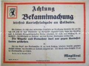 Bekanntmachung zur Ausgabe von Kartoffeln an Soldaten