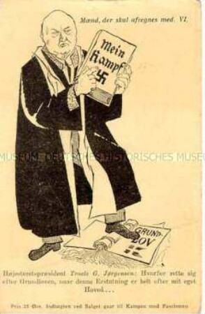 Postkarte der dänischen Widerstandsbewegung aus dem 2. Weltkrieg mit Karikatur