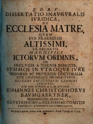 Dissertatio Inavgvralis Ivridica, De Ecclesia Matre