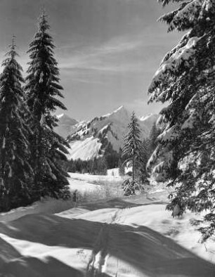 Gebirgslandschaft im Schnee (vielleicht in den Alldäuer Alpen)