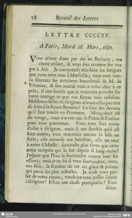 Lettre CCCCXV. A Paris, Mardi 26. Mars, 1680
