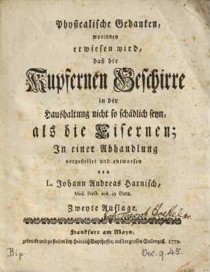 Physicalische Gedanken, worinnen erwiesen wird, daß die kupfernen Geschirre in der Haushaltung nicht so schädlich seyn, als die eisernen