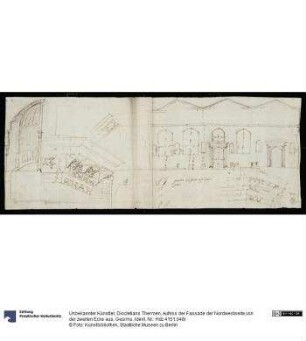 Diocletians Thermen, Aufriss der Fassade der Nordwestseite,von der zweiten Ecke aus, Gesims
