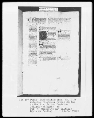 Antonius Minutius, Petrus Baldus de Ubaldis, De usu feudorum — Initiale Q (uia de feudis), Folio 3 recto