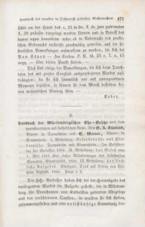 475-479 [Rezension] Süskind, Gustav Adolf, Handbuch der Württembergischen Ehe-Gesetze nach dem protestantischen und katholischen Recht