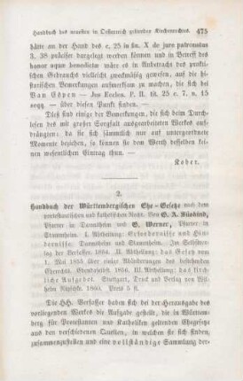 475-479 [Rezension] Süskind, Gustav Adolf, Handbuch der Württembergischen Ehe-Gesetze nach dem protestantischen und katholischen Recht