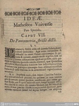 IDEAE Matheseos Universae Pars Specialis. CAPUT VII. De Pantometria, stricte dicta.