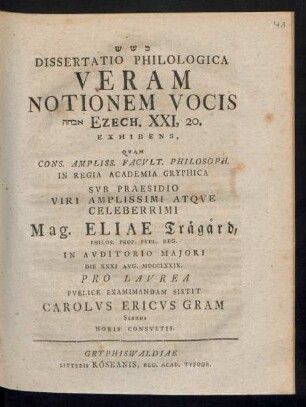 Dissertatio Philologica Veram Notionem Vocis [...] Ezech. XXI, 20. Exhibens
