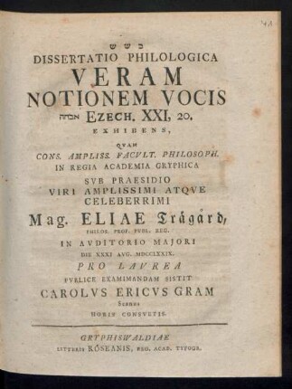 Dissertatio Philologica Veram Notionem Vocis [...] Ezech. XXI, 20. Exhibens