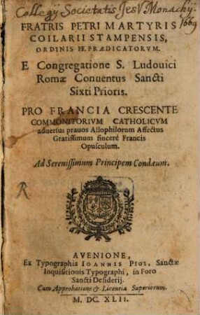 Pro Francia crescente commonitorium catholicum ...