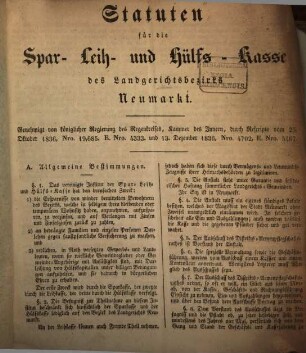 Statuten für die Spar-, Leich- und Hülfs-Kasse des Landgerichtsbezirks Neumarkt