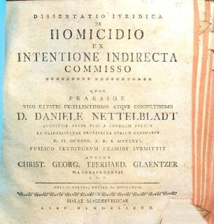 Dissertatio Ivridica De Homicidio Ex Intentione Indirecta Commisso