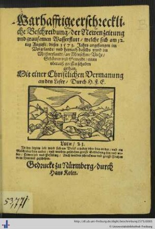 Warhafftige erschreckliche Beschreibung der Newenzeitung vnd grausamen Wasserflutt...