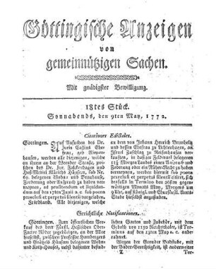 18tes Stück. Sonnabends, den 9ten May, 1772.