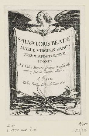 Engel mit geöffnetem Buch, Titelblatt der Folge: "Salvatoris Beatæ Mariæ Virginis Sancotrum Apostolorum Icones"