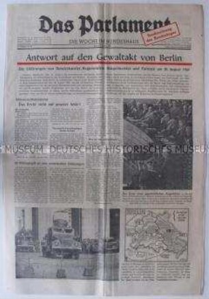 Wochenzeitung "Das Parlament" zur Sondersitzung des Bundestages im Zusammenhang mit dem Mauerbau