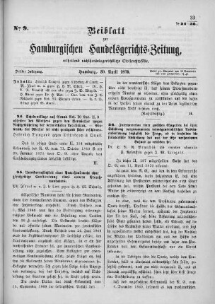 Beiblatt zur hamburgischen Handelsgerichts-Zeitung No. 9. Dritter Jahrgang. Hamburg, 30. April 1870.
