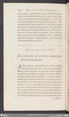 Observatio XLI. De catarrhi ad pectus compendiosa curatione