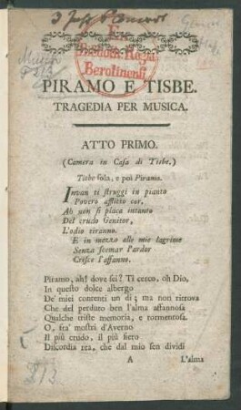 Piramo E Tisbe : Tragedia Per Musica