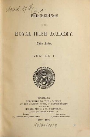 Proceedings of the Royal Irish Academy : for the year ... 1. 1889/91