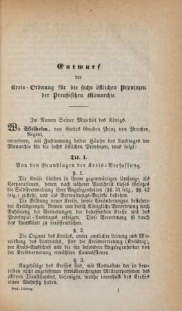Entwurf der Kreis-Ordnung für die sechs östlichen Provinzen der Preußischen Monarchie