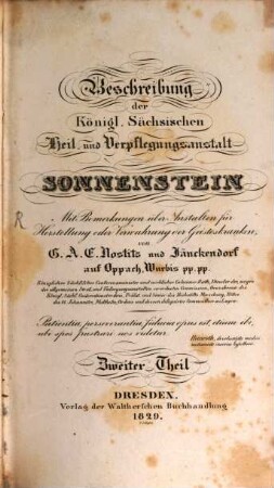 Beschreibung der königl. Sächsischen Heil- und Verpflegungsanstalt Sonnenstein : mit Bemerkungen über Anstalten für Herstellung oder Verwahrung der Geisteskranken, 2
