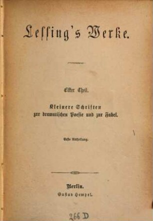 Lessing's Werke, 11,1. Kleinere Schriften zur dramatischen Poesie und Fabel