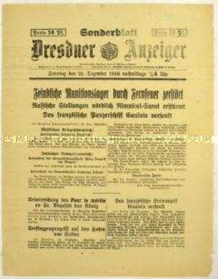 Nachrichtenblatt des "Dresdner Anzeiger" mit verschiedenen militärischen und politischen Kurzmeldungen zum Kriegsgeschehen