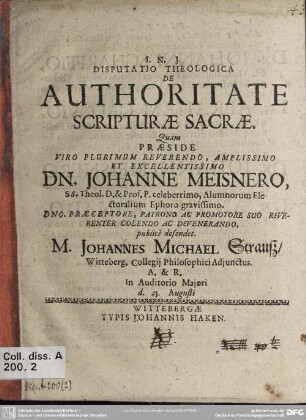 Disputatio theologica de authorirate scripturae sacrae