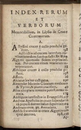 Index Rerum Et Verborum Memorabilium, in Lipsio de Cruce Contentorum