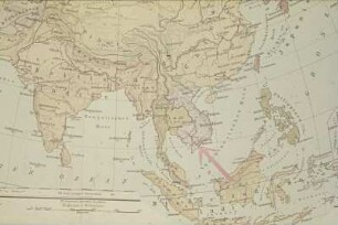 Kartenmaterial für Diavorträge. Reproduktion aus einem Atlas. Indien und Südostasien