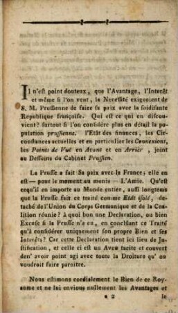 Remarques patriotiques mais respectueuses sur la déclaration faite de la part de S. M. le roi de Prusse par son ministre à la diete de Ratisbonne concernant le traité de paix conclû le 5 Avril 1795 avec la Republique Françiase
