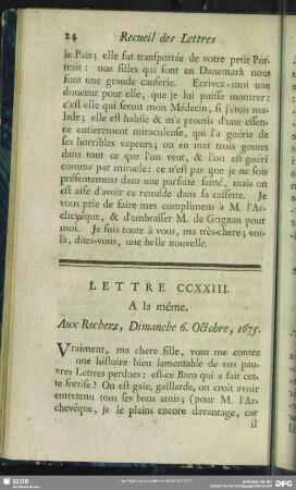 Lettre CCXXIII. A la même. Aux Rochers, Dimanche 6. Ocotbre, 1675