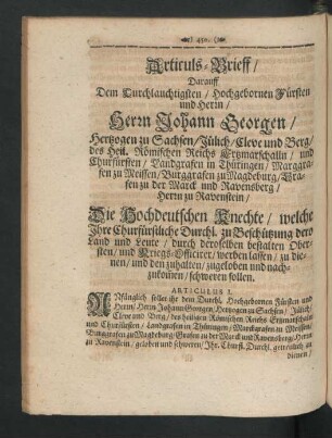 Articuls-Brieff/ ... Herrn Johann Georgen/ Hertzogen zu Sachsen/ Jülich/ Cleve und Berg ...
