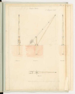 Mastenkran Monatskonkurrenz August 1867: Grundriss, Aufriss Vorderansicht, Seitenansicht, Rückansicht; Maßstabsleiste