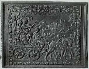Ofenplatte, König mit Justitia in Wagen vor Landschaft
