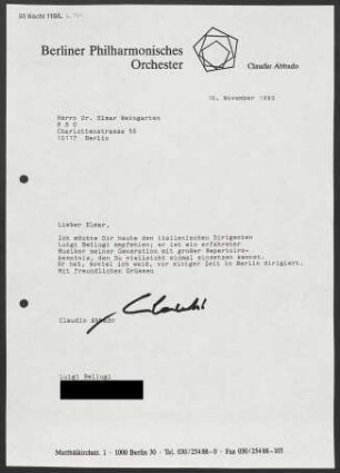 Brief an Elmar Weingarten, 10.11.1993