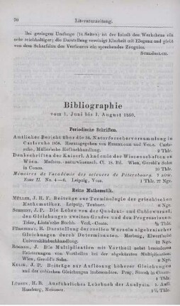 Bibliographie vom 1. Juni bis 1. August 1860.