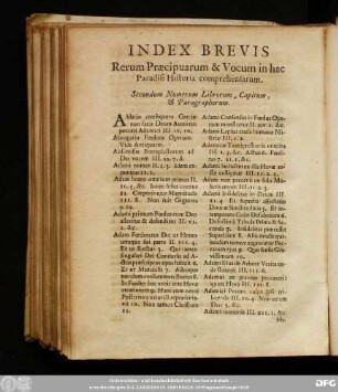 Index Brevis Rerum Praecipuarum & Vocum in hac Paradisi Historia comprehensarum.