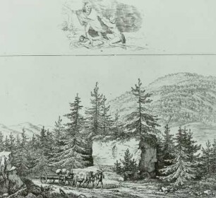Der Altarstein (mit Randeinfall) : Langholzfuhre, Der Altarstein, Radierung von A. L. Richter, 1820