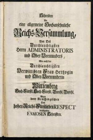 Schreiben an eine allgemeine hochansehnliche Reichs-Versammlung