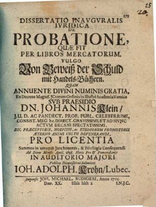 Diss. inaug. iur. de probatione, quae fit per libros mercatorum