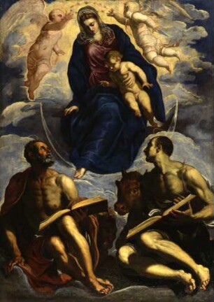 Maria mit dem Kind, von den Evangelisten Markus und Lukas verehrt