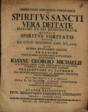 Diss. ... de Spiritus Sancti vera deitate, maxime ex eo demonstrata, quoniam spiritus veritatis dicitur