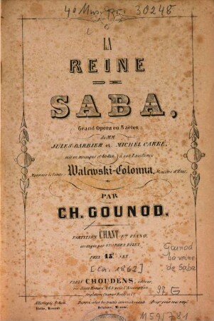 La reine de Saba : grand opéra en 5 actes de Jules Barbier et Michel Carré ...